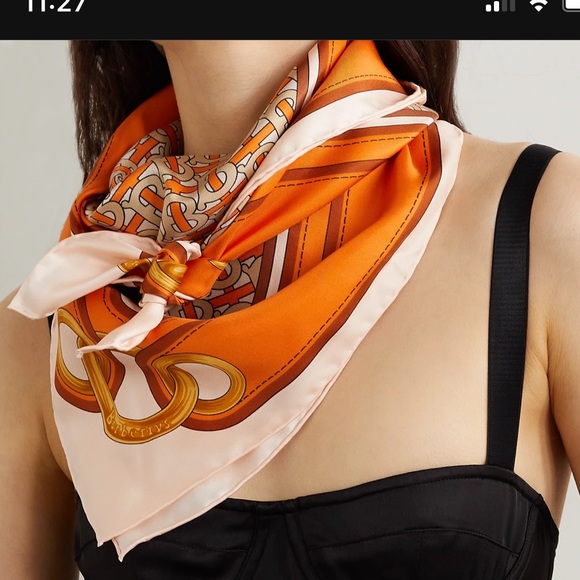 Burberry Print Logo Silk Orange Twill Scarf - Picture 1 of 16